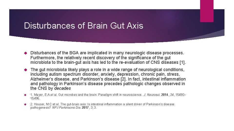 Disturbances of Brain Gut Axis Disturbances of the BGA are implicated in many neurologic