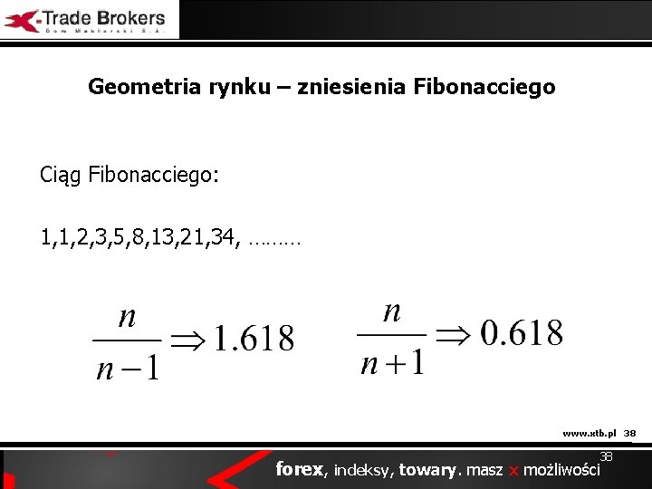 Geometria rynku – zniesienia Fibonacciego Ciąg Fibonacciego: 1, 1, 2, 3, 5, 8, 13,