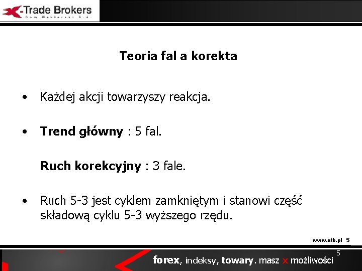 Teoria fal a korekta • Każdej akcji towarzyszy reakcja. • Trend główny : 5