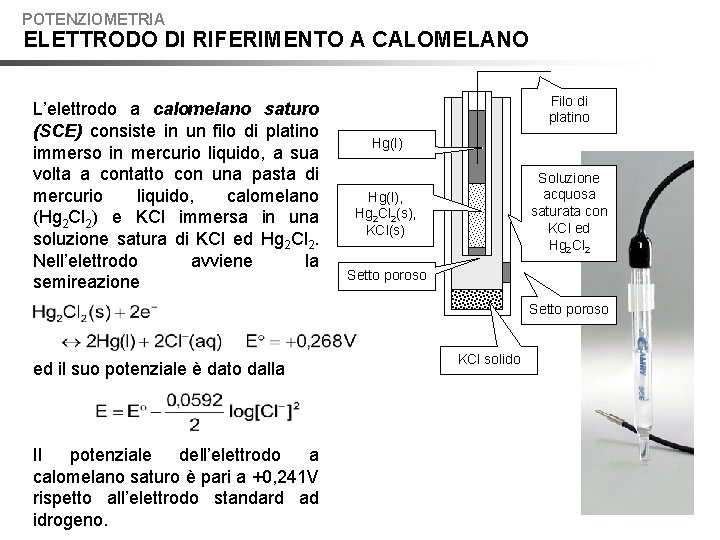 POTENZIOMETRIA ELETTRODO DI RIFERIMENTO A CALOMELANO L’elettrodo a calomelano saturo (SCE) consiste in un
