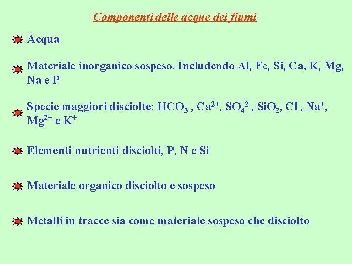 Componenti delle acque dei fiumi Acqua Materiale inorganico sospeso. Includendo Al, Fe, Si, Ca,