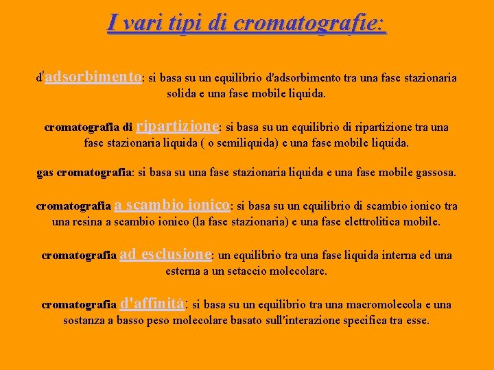 I vari tipi di cromatografie: d'adsorbimento: si basa su un equilibrio d'adsorbimento tra una