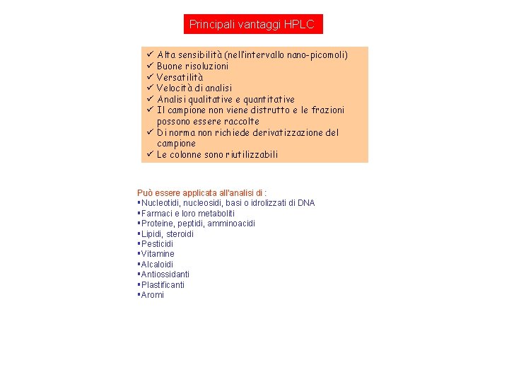 Principali vantaggi HPLC Alta sensibilità (nell’intervallo nano-picomoli) Buone risoluzioni Versatilità Velocità di analisi Analisi