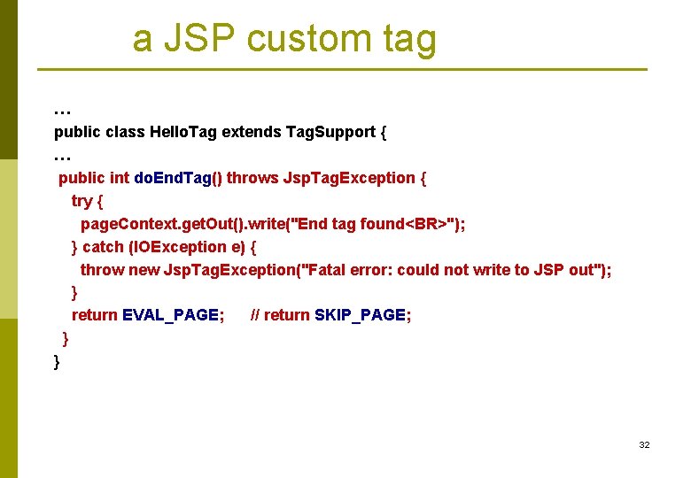 a JSP custom tag … public class Hello. Tag extends Tag. Support { …