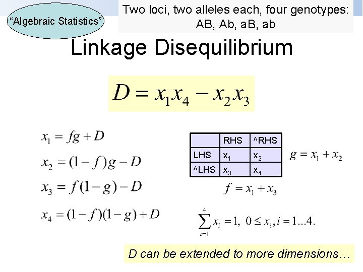 “Algebraic Statistics” Two loci, two alleles each, four genotypes: AB, Ab, a. B, ab