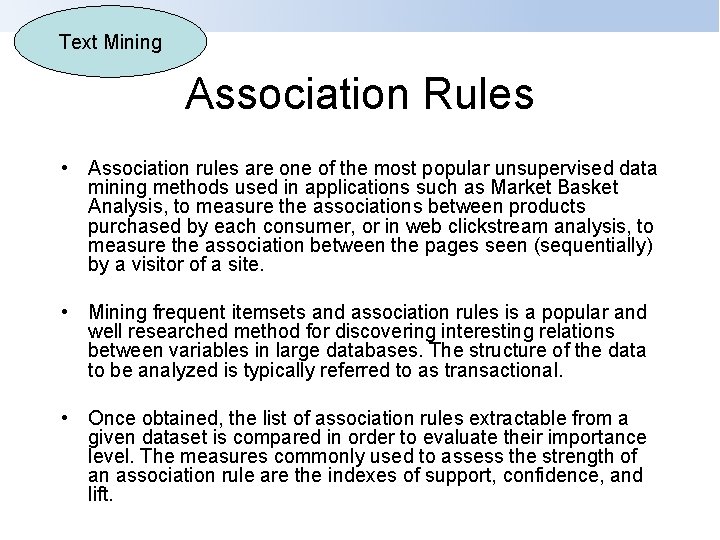 Text Mining Association Rules • Association rules are one of the most popular unsupervised