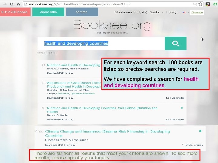 For each keyword search, 100 books are listed so precise searches are required. We