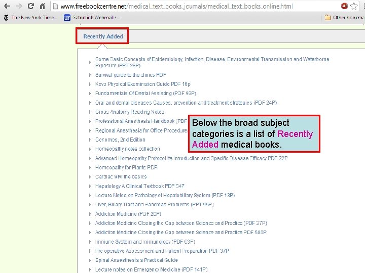 Below the broad subject categories is a list of Recently Added medical books. 