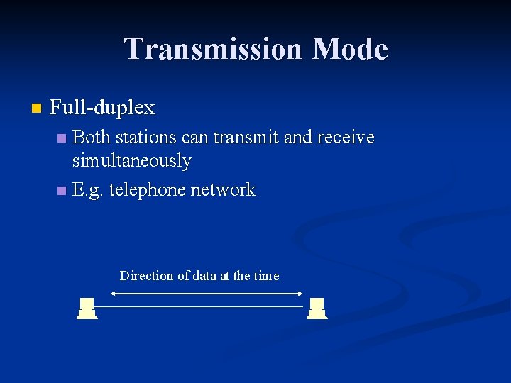 Transmission Mode n Full-duplex Both stations can transmit and receive simultaneously n E. g.