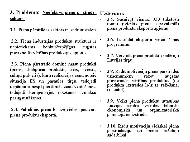 3. Problēma: Neefektīvs piena pārstrādes Uzdevumi: sektors: • 3. 5. Sasniegt vismaz 350 tūkstošu