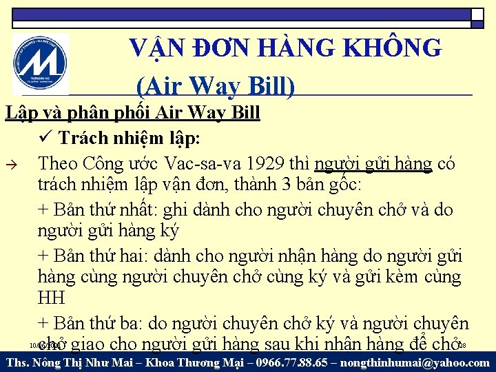 VẬN ĐƠN HÀNG KHÔNG (Air Way Bill) Lập và phân phối Air Way Bill