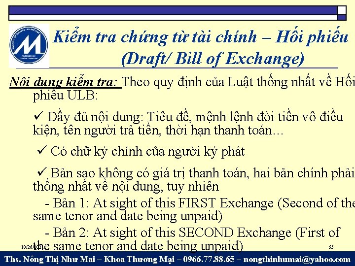 Kiểm tra chứng từ tài chính – Hối phiếu (Draft/ Bill of Exchange) Nội
