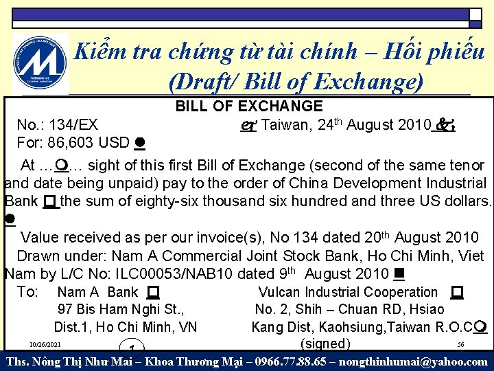Kiểm tra chứng từ tài chính – Hối phiếu (Draft/ Bill of Exchange) BILL