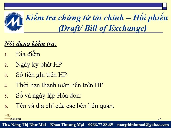 Kiểm tra chứng từ tài chính – Hối phiếu (Draft/ Bill of Exchange) Nội