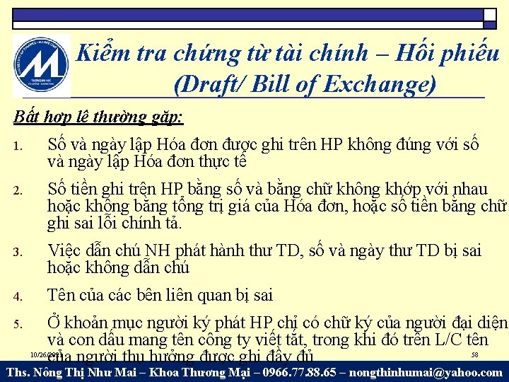 Kiểm tra chứng từ tài chính – Hối phiếu (Draft/ Bill of Exchange) Bất