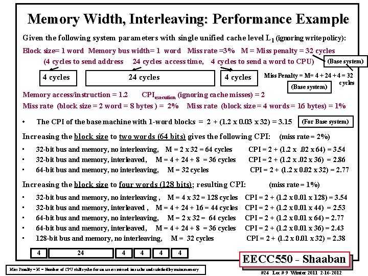 Memory Width, Interleaving: Performance Example Given the following system parameters with single unified cache