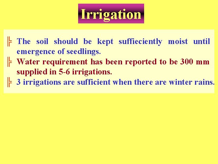 Irrigation ╠ The soil should be kept suffieciently moist until emergence of seedlings. ╠