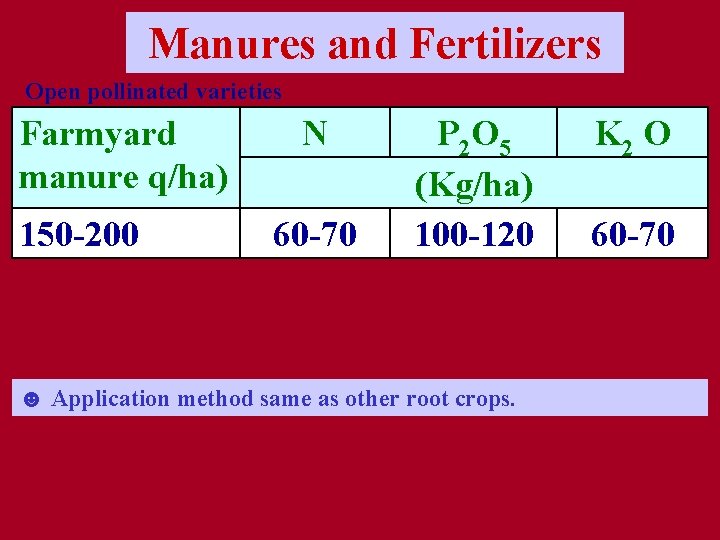 Manures and Fertilizers Open pollinated varieties Farmyard manure q/ha) 150 -200 N 60 -70