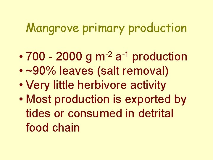 Mangrove primary production • 700 - 2000 g m-2 a-1 production • ~90% leaves