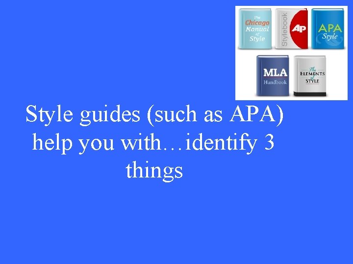 Style guides (such as APA) help you with…identify 3 things 