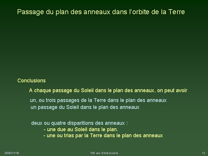 Passage du plan des anneaux dans l’orbite de la Terre Conclusions A chaque passage