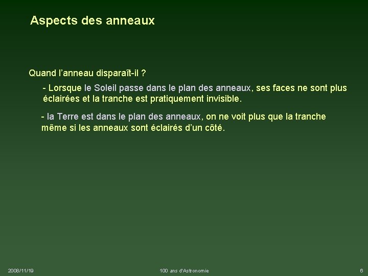 Aspects des anneaux Quand l’anneau disparaît-il ? - Lorsque le Soleil passe dans le