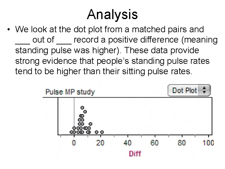 Analysis • We look at the dot plot from a matched pairs and ___