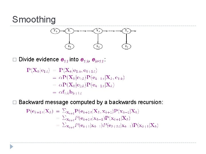 Smoothing � Divide evidence e 1: t into e 1: k, ek+1: t :
