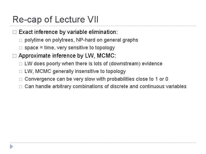 Re-cap of Lecture VII � Exact inference by variable elimination: � � � polytime