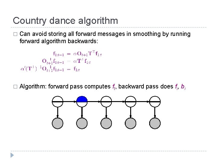 Country dance algorithm � Can avoid storing all forward messages in smoothing by running