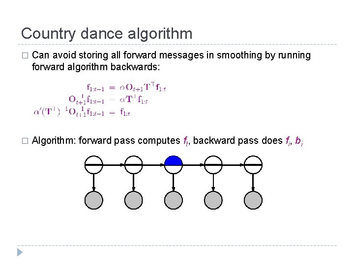 Country dance algorithm � Can avoid storing all forward messages in smoothing by running
