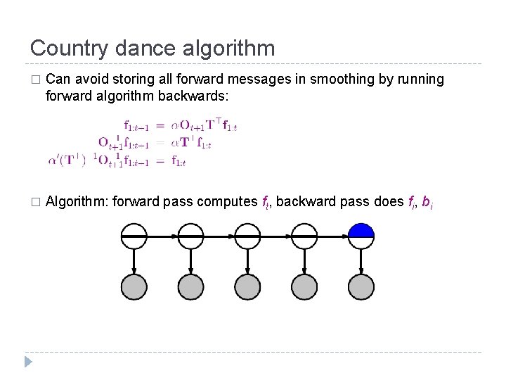 Country dance algorithm � Can avoid storing all forward messages in smoothing by running