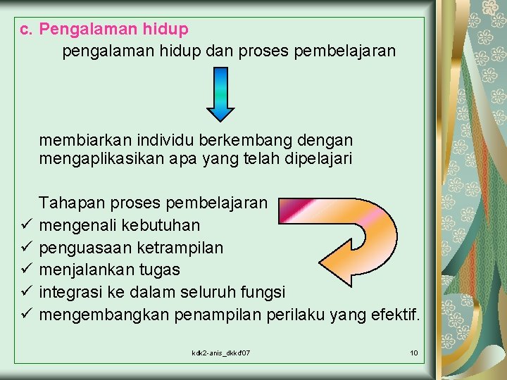 c. Pengalaman hidup pengalaman hidup dan proses pembelajaran membiarkan individu berkembang dengan mengaplikasikan apa