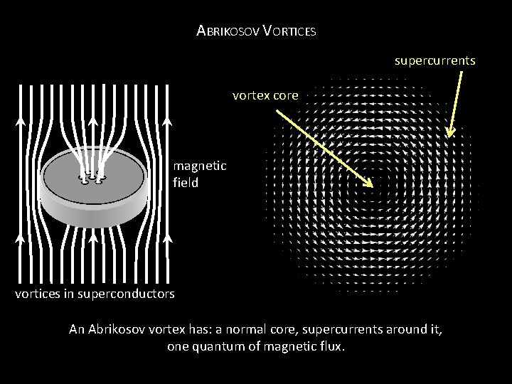 ABRIKOSOV VORTICES supercurrents vortex core magnetic field vortices in superconductors An Abrikosov vortex has: