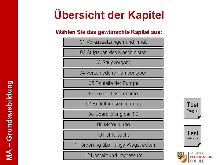 Übersicht der Kapitel Wählen Sie das gewünschte Kapitel aus: 01 Voraussetzungen und Inhalt 02