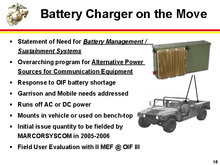 Battery Charger on the Move § Statement of Need for Battery Management / Sustainment