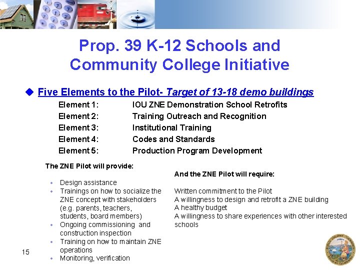 Prop. 39 K-12 Schools and Community College Initiative u Five Elements to the Pilot-