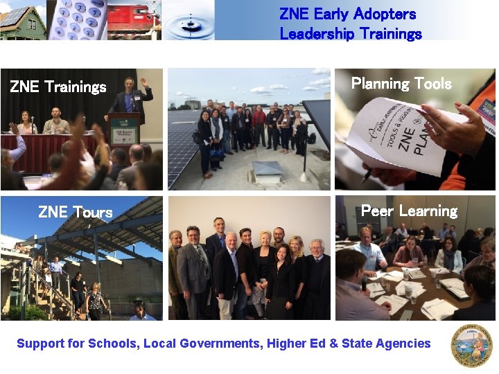 ZNE Early Adopters Leadership Trainings ZNE Tours Planning Tools Peer Learning Support for Schools,