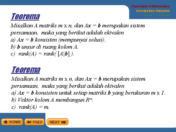 Department of Mathematics Teorema Universitas Haluoleo Kendari. . : : . . Indonesia Misalkan