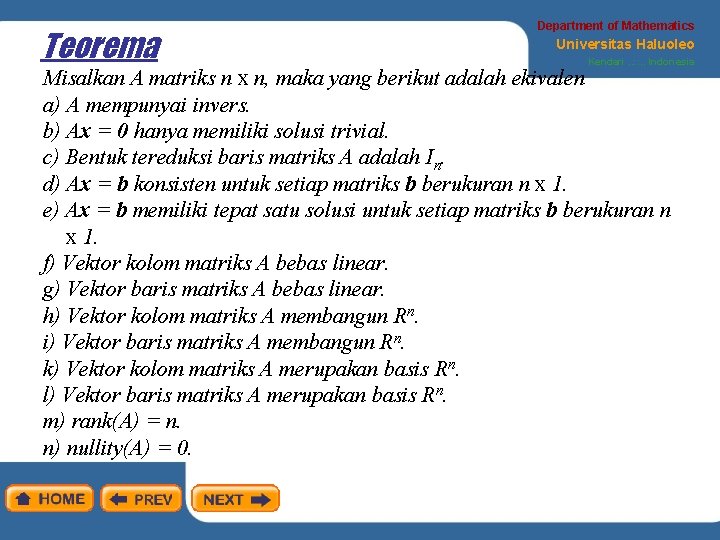 Teorema Department of Mathematics Universitas Haluoleo Kendari. . : : . . Indonesia Misalkan