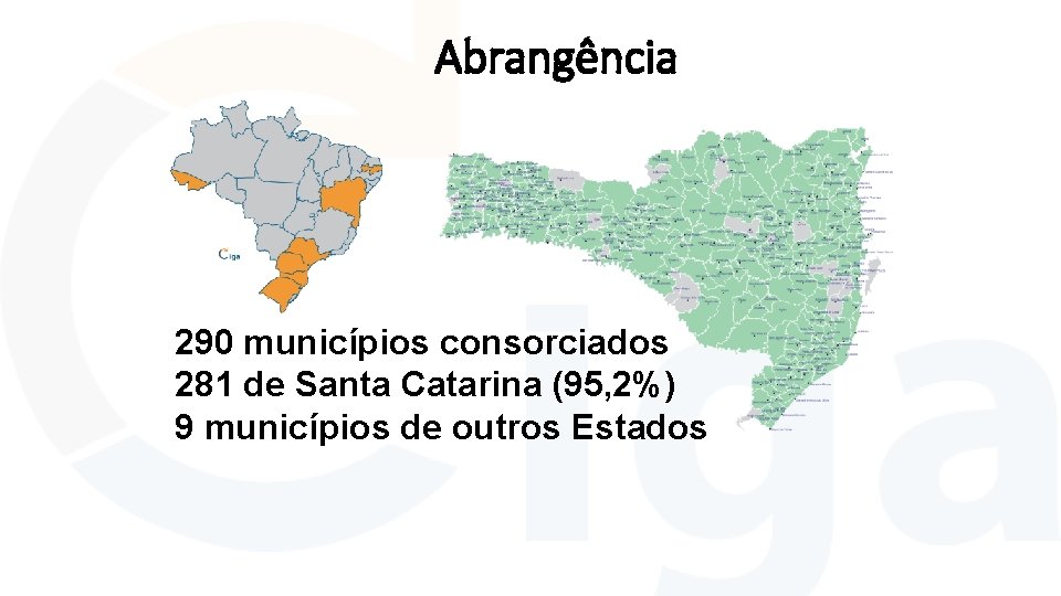 Abrangência 290 municípios consorciados 281 de Santa Catarina (95, 2%) 9 municípios de outros Abrangência 290 municípios consorciados 281 de Santa Catarina (95, 2%) 9 municípios de outros
