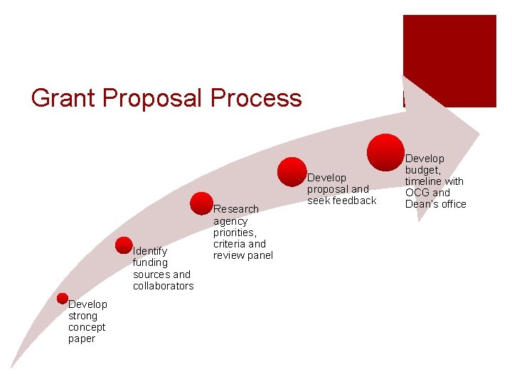 Grant Proposal Process Identify funding sources and collaborators Develop strong concept paper Research agency