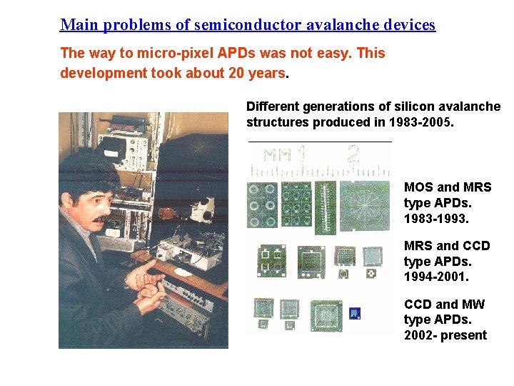 Main problems of semiconductor avalanche devices The way to micro-pixel APDs was not easy.