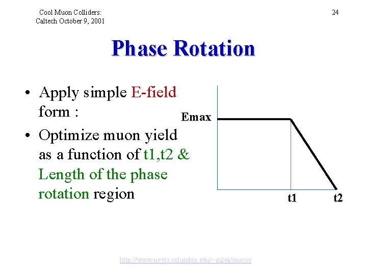 Cool Muon Colliders: Caltech October 9, 2001 24 Phase Rotation • Apply simple E-field