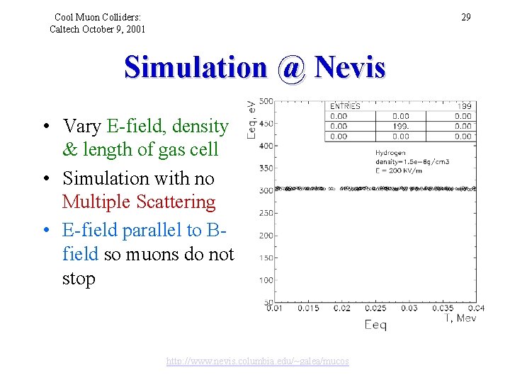 Cool Muon Colliders: Caltech October 9, 2001 29 Simulation @ Nevis • Vary E-field,