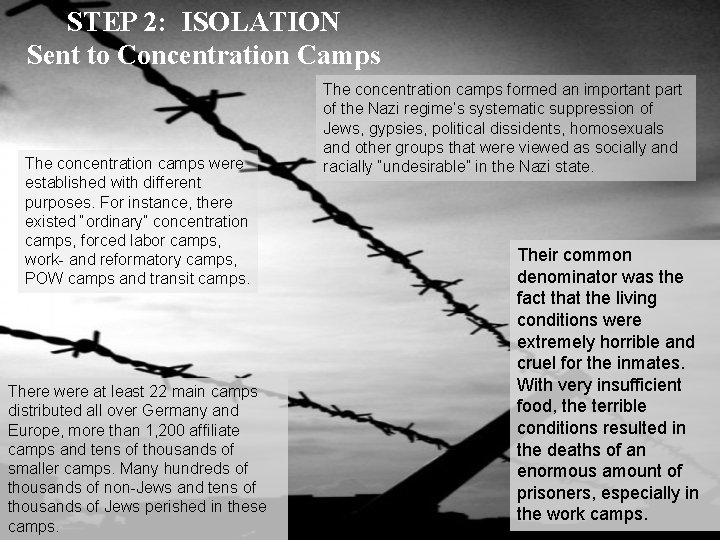 STEP 2: ISOLATION Sent to Concentration Camps The concentration camps were established with different