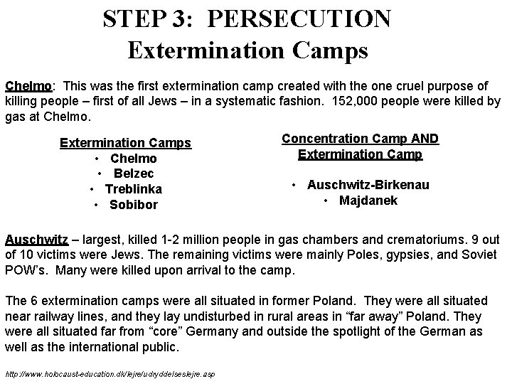 STEP 3: PERSECUTION Extermination Camps Chelmo: This was the first extermination camp created with