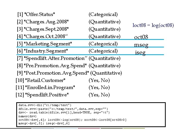 [1] "Offer. Status" (Categorical) [2] "Charges. Aug. 2008" (Quantitative) [3] "Charges. Sept. 2008" (Quantitative)