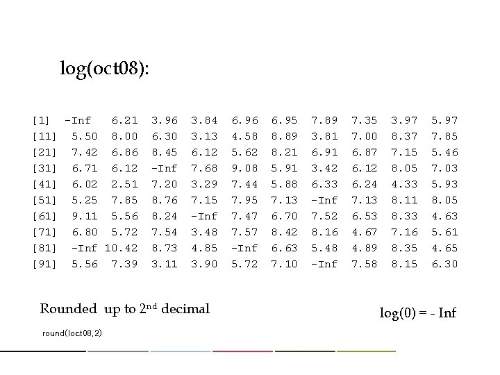 log(oct 08): [1] -Inf 6. 21 [11] 5. 50 8. 00 [21] 7. 42