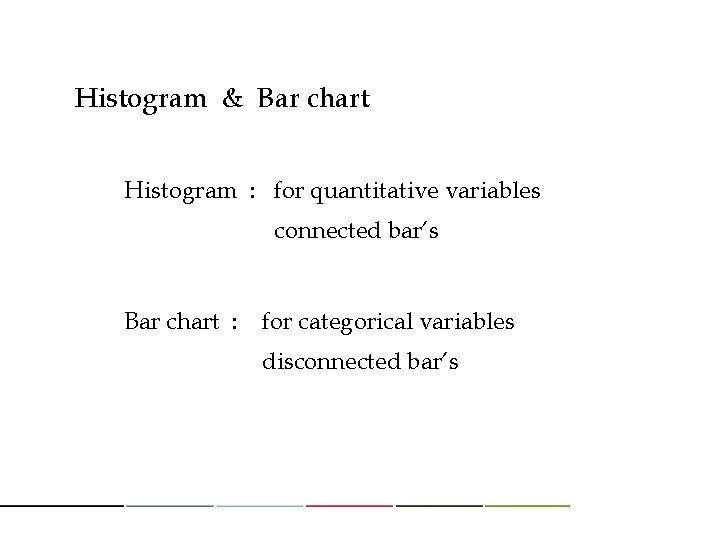 Histogram & Bar chart Histogram : for quantitative variables connected bar’s Bar chart : Histogram & Bar chart Histogram : for quantitative variables connected bar’s Bar chart :